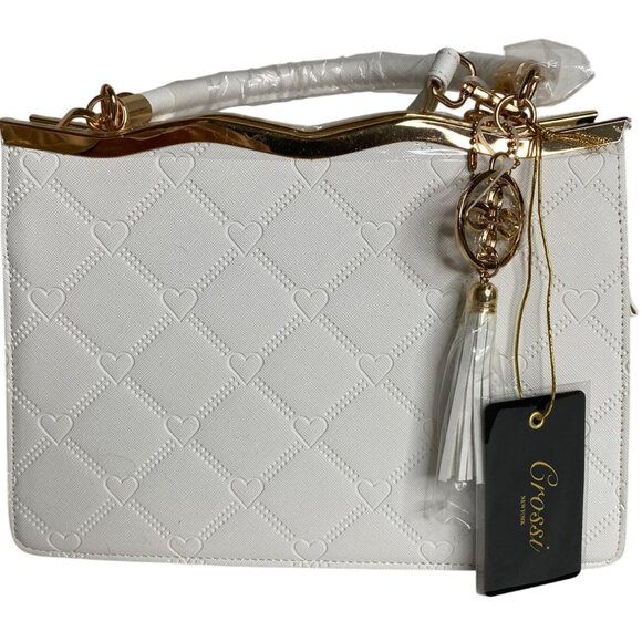 White Leather NWT Crossi Medium Faux Double Handle Handbag with Gold Accents - Picture 2 of 13